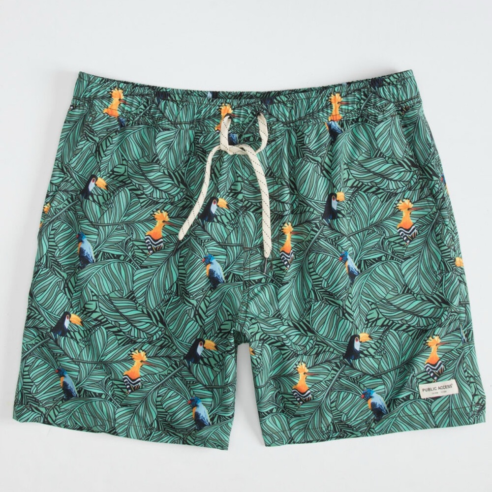 Vibrant Green and Orange Board Shorts with Tropical Print